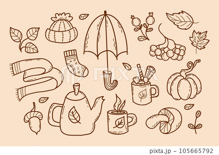 Cozy autumn doodles. Knitted hat and scarf, socks, umbrella, teapot with cups, forest mushroom, pumpkin, berries, acorn and autumn leaves. Vector illustration. Isolated outline hand drawing 105665792