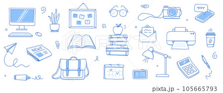 Office work doodle set. Office computer, work desk, notebook doodle icon. Hand drawn sketch style illustration. Business, school education hand drawn elements. Vector 105665793