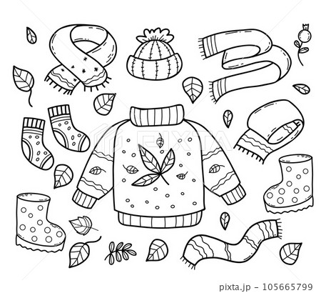 Cozy autumn doodles. Knitted clothes sweater, scarf, hat, socks and rubber boots with autumn leaves. Vector illustration. Isolated outline hand drawing Cozy autumn doodles. Knitted clothes sweater, scarf, hat, socks and rubber boots with autumn leaves. Vector illustration. Isolated outline hand drawing 105665799