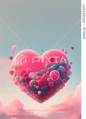 Vertical background with heart, balloons and copy space. Valentine's Day backdrop. Pastel colors. Empty space for advertising text, invitation, logo. Postcard, greeting card design. Generative AI. 105665847