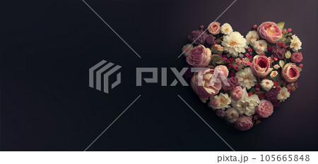 Beautiful banner with heart made from flowers and copy space. Valentine's Day background. Empty space for advertising text, invitation, logo. Postcard, greeting card design. Generative AI. 105665848