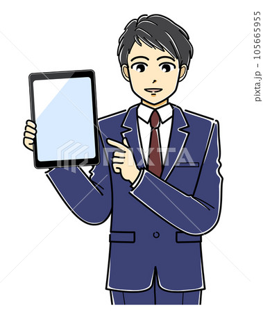 指差ししながらタブレットを見せるスーツの若い男性(上半身) 指差ししながらタブレットを見せるスーツの若い男性(上半身) 105665955