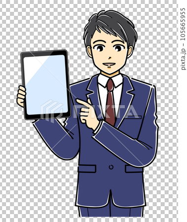 指差ししながらタブレットを見せるスーツの若い男性(上半身) 指差ししながらタブレットを見せるスーツの若い男性(上半身) 105665955