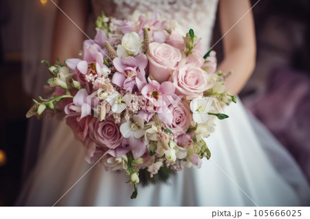 Wedding bouquet in the hands of the bride Wedding bouquet in the hands of the bride 105666025