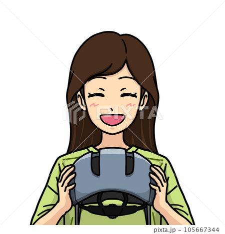 自転車用ヘルメットを手に持っている笑顔の女性のイラスト 105667344