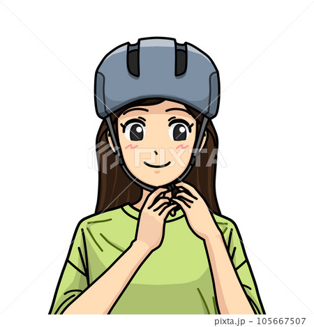 ヘルメットのあご紐を締めようとしている女性のイラスト ヘルメットのあご紐を締めようとしている女性のイラスト 105667507
