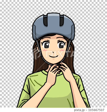 ヘルメットのあご紐を締めようとしている女性のイラスト ヘルメットのあご紐を締めようとしている女性のイラスト 105667507