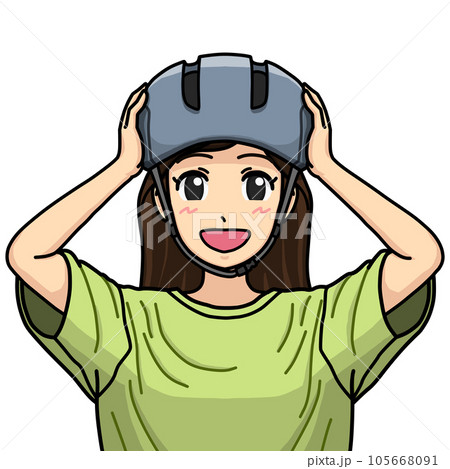 頭にかぶったヘルメットに両手を添えている、笑顔の女性のイラスト 頭にかぶったヘルメットに両手を添えている、笑顔の女性のイラスト 105668091