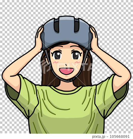頭にかぶったヘルメットに両手を添えている、笑顔の女性のイラスト 頭にかぶったヘルメットに両手を添えている、笑顔の女性のイラスト 105668091