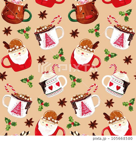Christmas coffee cups and tea mugs, hand drawn drink mugs. Winter holiday cartoon Christmas cups on beige background with Star anise, holly, Santa, candy cane and marshmallow Christmas coffee cups and tea mugs, hand drawn drink mugs. Winter holiday cartoon Christmas cups on beige background with Star anise, holly, Santa, candy cane and marshmallow 105668580