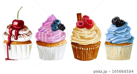 Set of watercolor cupcakes with berries isolated on white background. Hand drawn marker illustration. Set of watercolor cupcakes with berries isolated on white background. Hand drawn marker illustration. 105668584