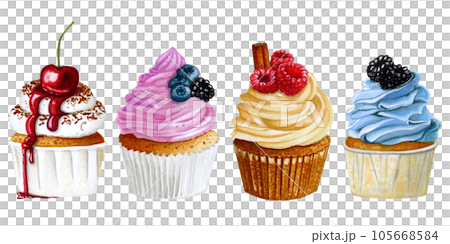 Set of watercolor cupcakes with berries isolated on white background. Hand drawn marker illustration. Set of watercolor cupcakes with berries isolated on white background. Hand drawn marker illustration. 105668584