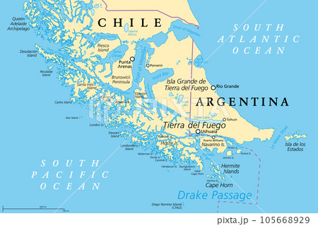 Tierra del Fuego, political map. Archipelago and southernmost tip of South America, across the Strait of Magellan, divided between Chile and Argentina. With Cape Horn, north of the Drake Passage. 105668929