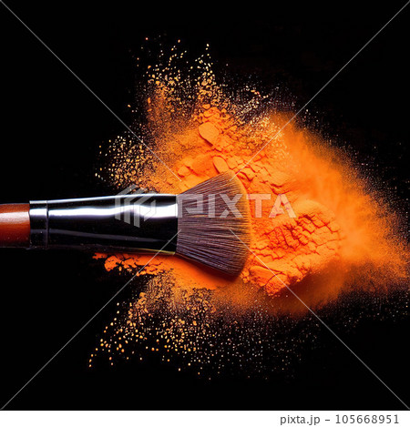 Make-up brushes with tangelo powder explosion isolated in a black background. Make-up brushes with tangelo powder explosion isolated in a black background. 105668951