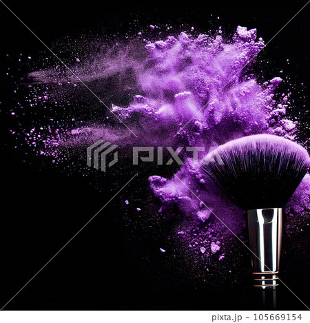 Make-up brushes with purple powder explosion isolated in a black background. 105669154