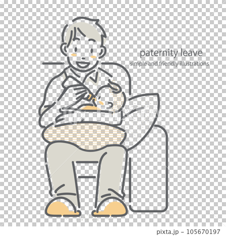 赤ちゃんにミルクを飲ませるお父さん　シンプルでお洒落な線画イラスト 105670197