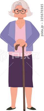 Smiling Elderly Lady with Cane stick. Elderly Smiling Woman, Grandmother Lifestyle. 105670385