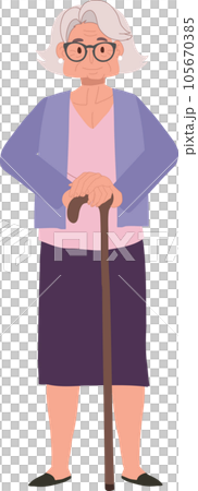 Smiling Elderly Lady with Cane stick. Elderly Smiling Woman, Grandmother Lifestyle. 105670385