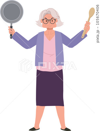 Joyful Granny Holding Pan and spatula. Confident Senior Woman with Cooking skill. Joyful Granny Holding Pan and spatula. Confident Senior Woman with Cooking skill. 105670406