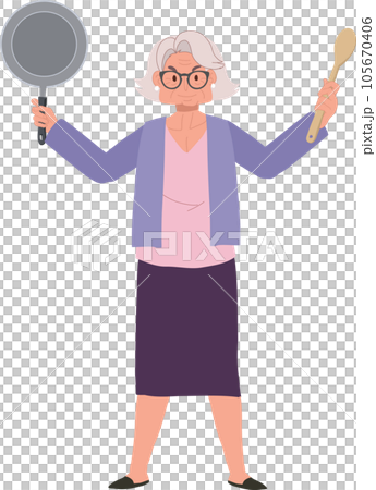 Joyful Granny Holding Pan and spatula. Confident Senior Woman with Cooking skill. Joyful Granny Holding Pan and spatula. Confident Senior Woman with Cooking skill. 105670406