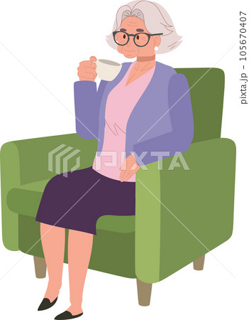 Cozy Tea Time concept. Senior Woman's relaxing and Enjoying Peaceful Tea Time on Couch. Cozy Tea Time concept. Senior Woman's relaxing and Enjoying Peaceful Tea Time on Couch. 105670407