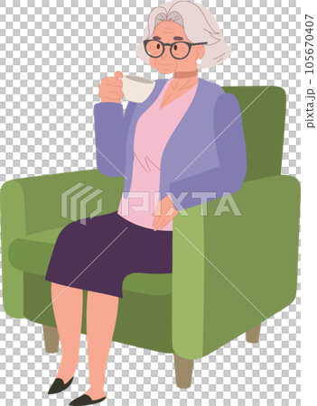 Cozy Tea Time concept. Senior Woman's relaxing and Enjoying Peaceful Tea Time on Couch. Cozy Tea Time concept. Senior Woman's relaxing and Enjoying Peaceful Tea Time on Couch. 105670407