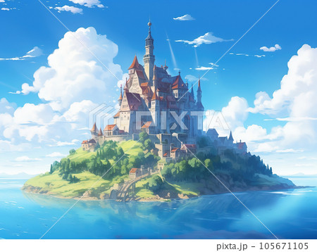 海に囲まれたお城のある洋風都市アニメ背景 105671105