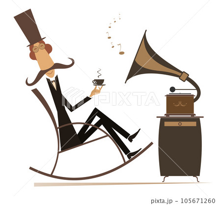 Man in the rocking chair, coffee, retro record player. Long mustache man in the top hat rests in the rocking chair with a cup of coffee and retro record player Man in the rocking chair, coffee, retro record player. Long mustache man in the top hat rests in the rocking chair with a cup of coffee and retro record player 105671260