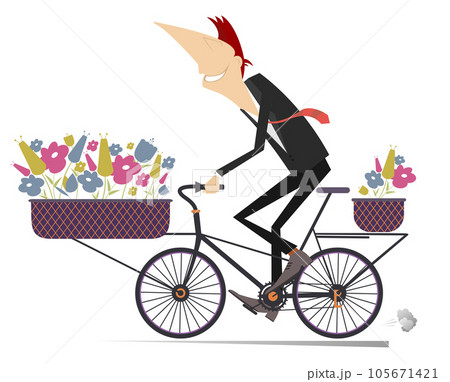 Young man, a bike and bouquets of flowers. Smiling young man rides a bike with a bunches of flowers in the baskets isolated on white 105671421