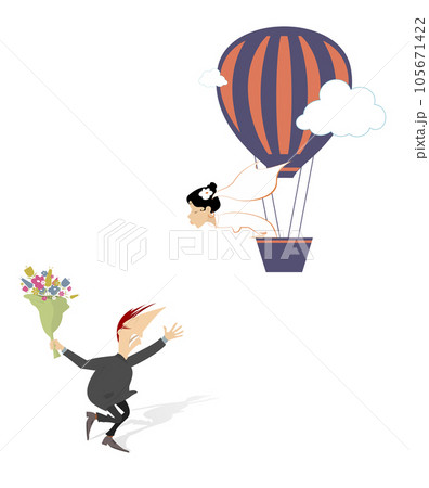 Runaway bride. Married wedding couple. Bride flying away from the bridegroom on the air balloon. Isolated on white background 105671422