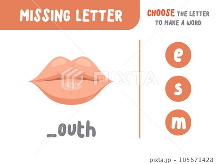 Missing letter (mouth), the alphabet letter vocabulary game for kid. choose a letter to make the word. illustration cartoon character vector design on white background. kid and study game concept. 105671428
