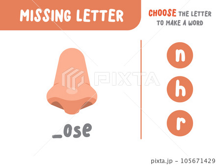 Missing letter (nose), the alphabet letter vocabulary game for kid. choose a letter to make the word. illustration cartoon character vector design on white background. kid and study game concept. 105671429