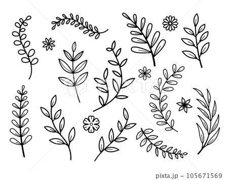 set of tree branches with leaves and flowers line style on white background 105671569
