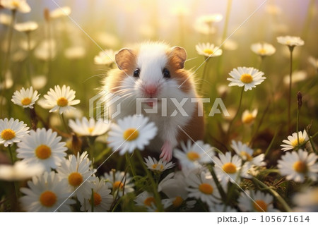 Cute hamster on a flowering meadow with beautiful daisies flowers Cute hamster on a flowering meadow with beautiful daisies flowers 105671614