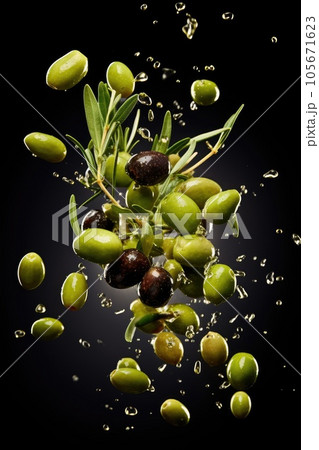 Black and green olives levitation in the air against dark background. Generative AI 105671623