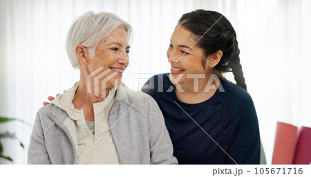 Happy, portrait of mom and grandmother in home with a smile for family, quality time or relax on mothers day in house. Senior woman, grandma and girl together with happiness, support and love 105671716