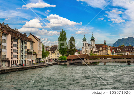 Lucerne (Luzern) Switzerland, city skyline at Chapel Bridge and Reuss River Lucerne (Luzern) Switzerland, city skyline at Chapel Bridge and Reuss River 105671920
