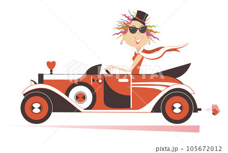 Smiling young man drives a car illustration. Elegant young woman drives a red cabriolet. Isolated on white background 105672012