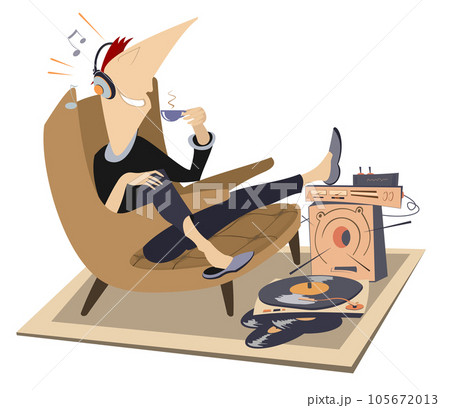 Young man, audio equipment, armchair, cup of coffee or tea. Young man in headphones sitting in the armchair, listening music and drinking cup of coffee or tea. Illustration on white background 105672013
