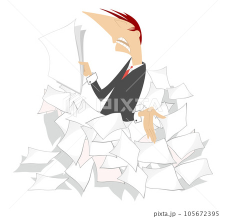 Businessman. Paperwork. Big pile of papers. Businessman. File clerk surrounded with pile of papers 105672395