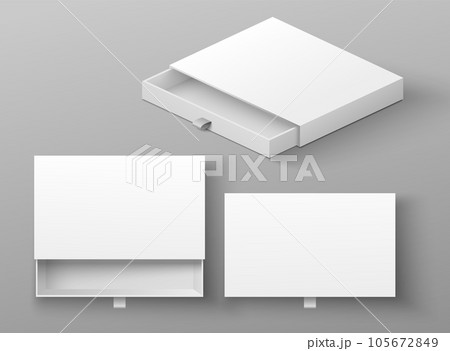 Paper box mockup with ribbon, open and closed package set 105672849