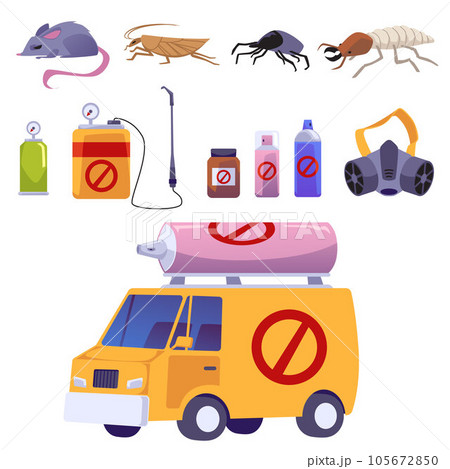 Pest control service equipment icons set, flat vector illustration isolated. Pest control service equipment icons set, flat vector illustration isolated. 105672850