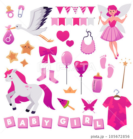 Baby shower decoration elements set for baby girl - cartoon flat vector illustration isolated on white background. 105672856