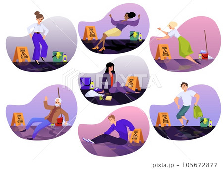 Set of falling people slipped on wet floor flat style, vector illustration 105672877