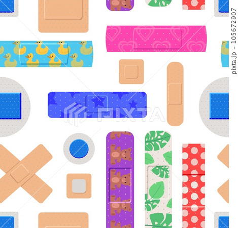 Seamless pattern with colorful medical plaster patches flat vector illustration. 105672907