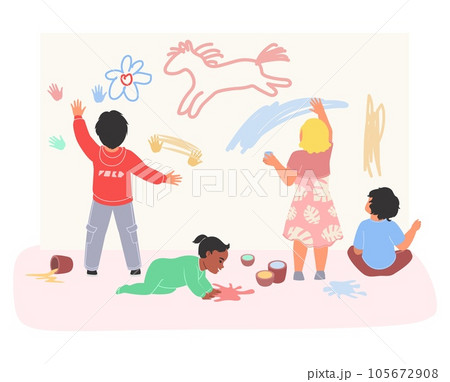 Kids painting party vector illustration with happy children drawing Kids painting party vector illustration with happy children drawing 105672908
