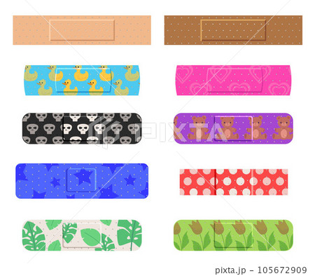 Colorful medical plasters set for kids, cartoon flat vector illustration isolated on white background. 105672909
