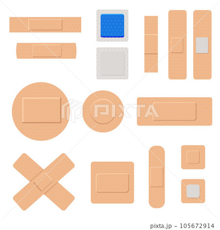 Set of different adhesive bandages or medical plasters, flat vector illustration isolated on white background. 105672914