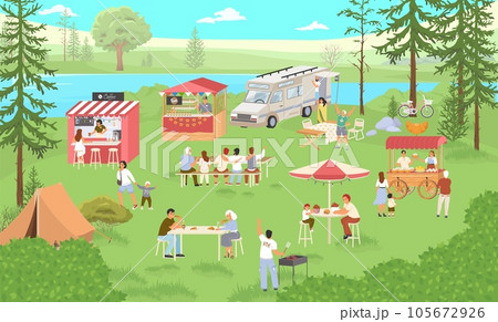 Food festival in forest park vector illustration with people Food festival in forest park vector illustration with people 105672926