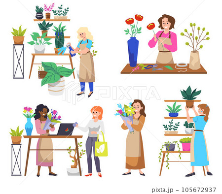 Set of women florist characters flat style, vector illustration 105672937